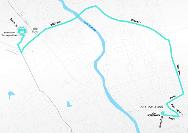 Map showing Rotokauri to Homegrown shuttle route